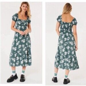Hollister Floral Midi Dress Green Floral Smocked Romantic Sundress Slit Women M